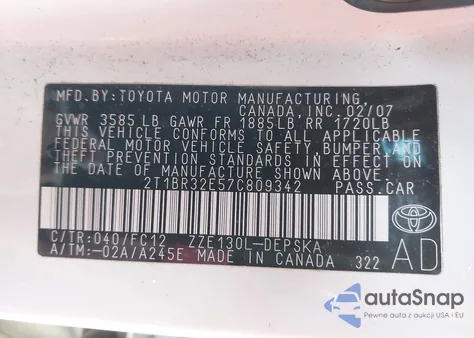 2007 Toyota Corolla S from USA, damaged, VIN 2T1BR32E57C809342